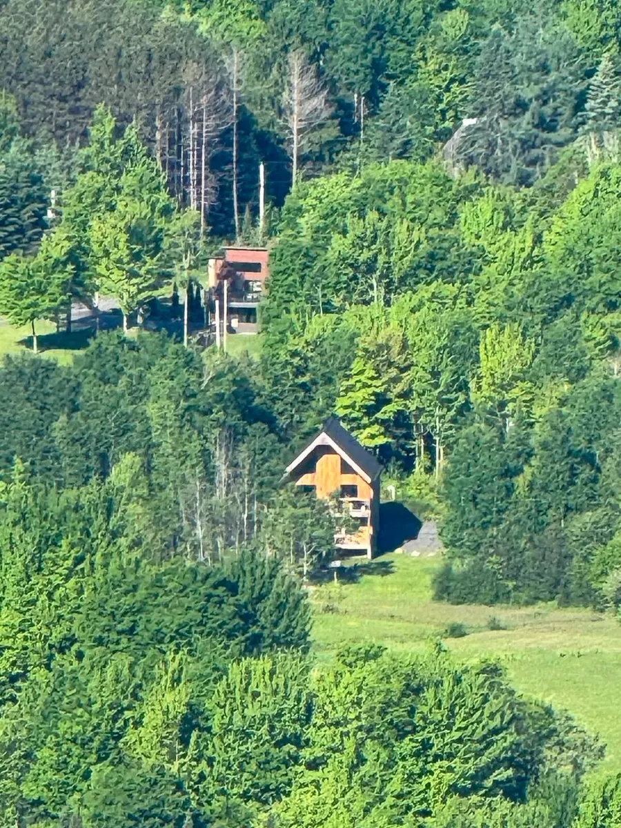 An aerial view of the villa surrounded by forest
