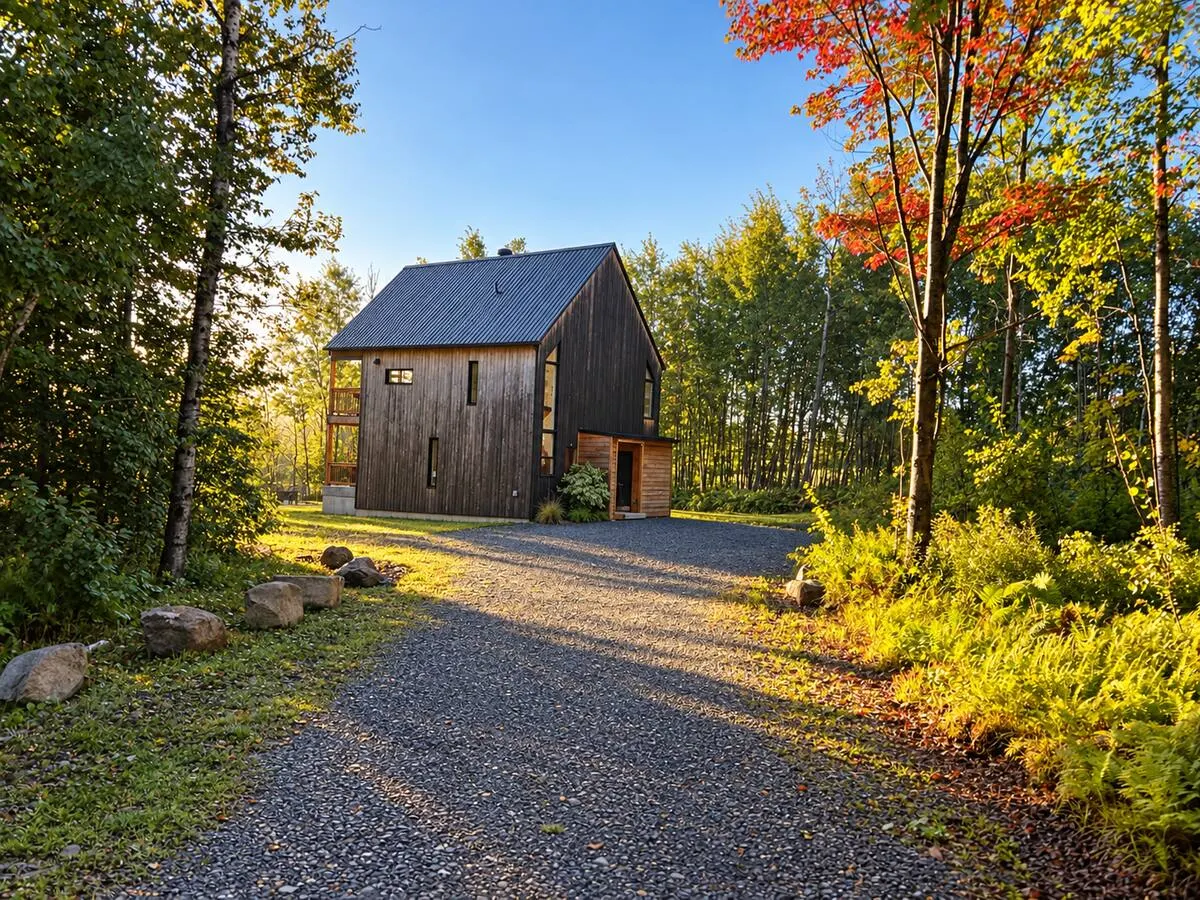 La Villa Foresta at the end of a gravel drive, maples turning red and orange