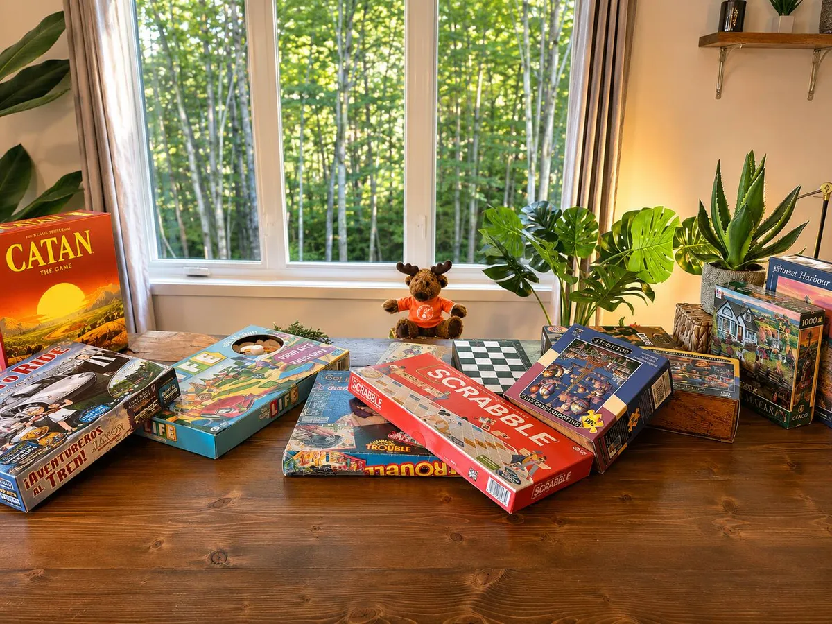 Board games including Catan and Scrabble spread on a wooden table, with a plush moose on the windowsill